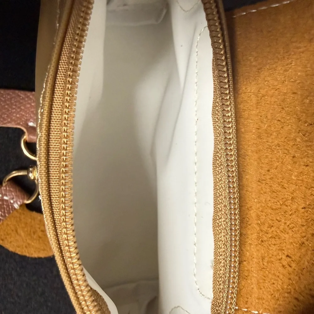 Mini Crossbody Bag Top Handle Yellow Sand Brown Leather Trim+ Strap